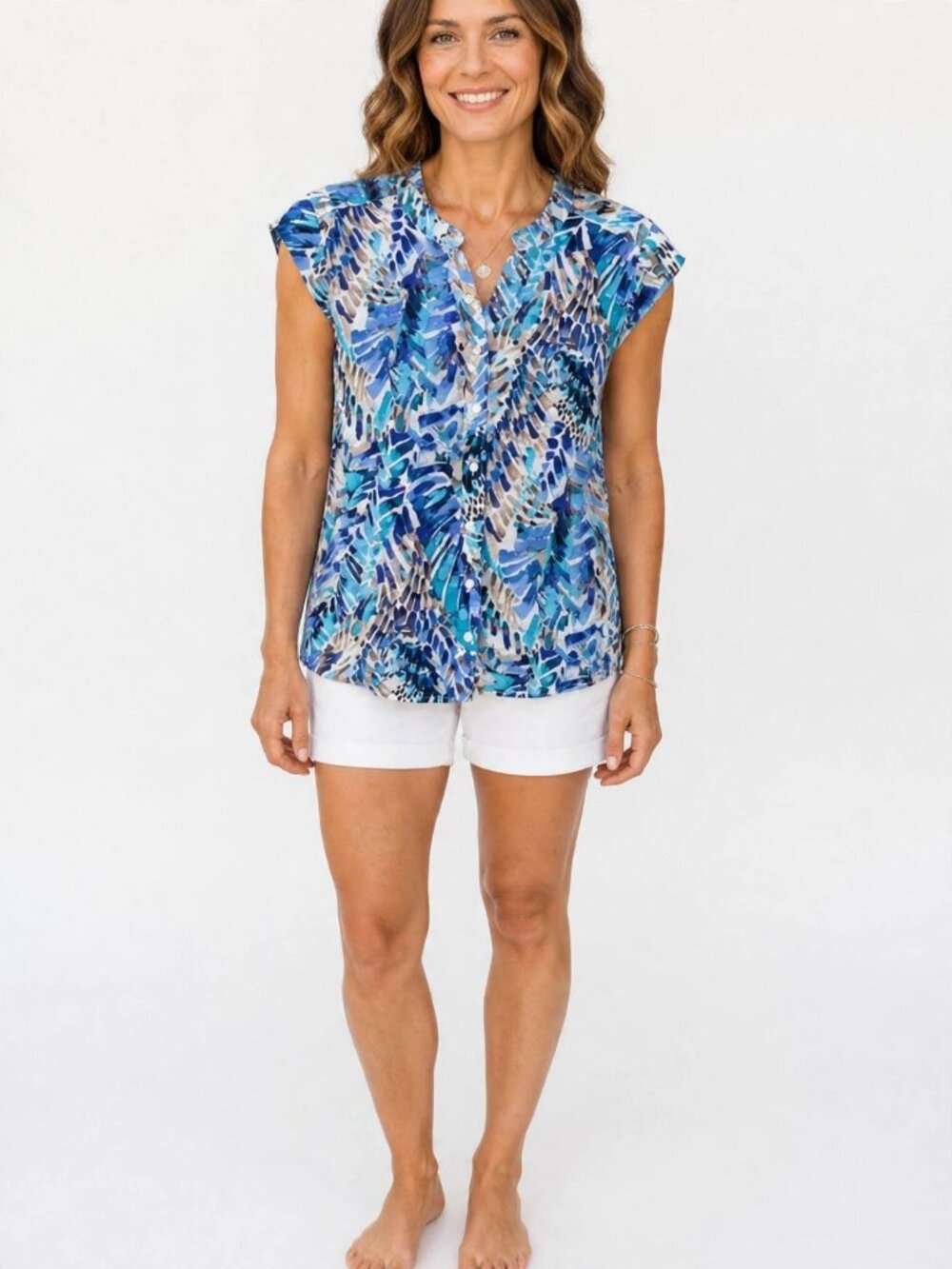 Northern Reflections Blue Abstract Cap Sleeve Button-Up Blouse Medium